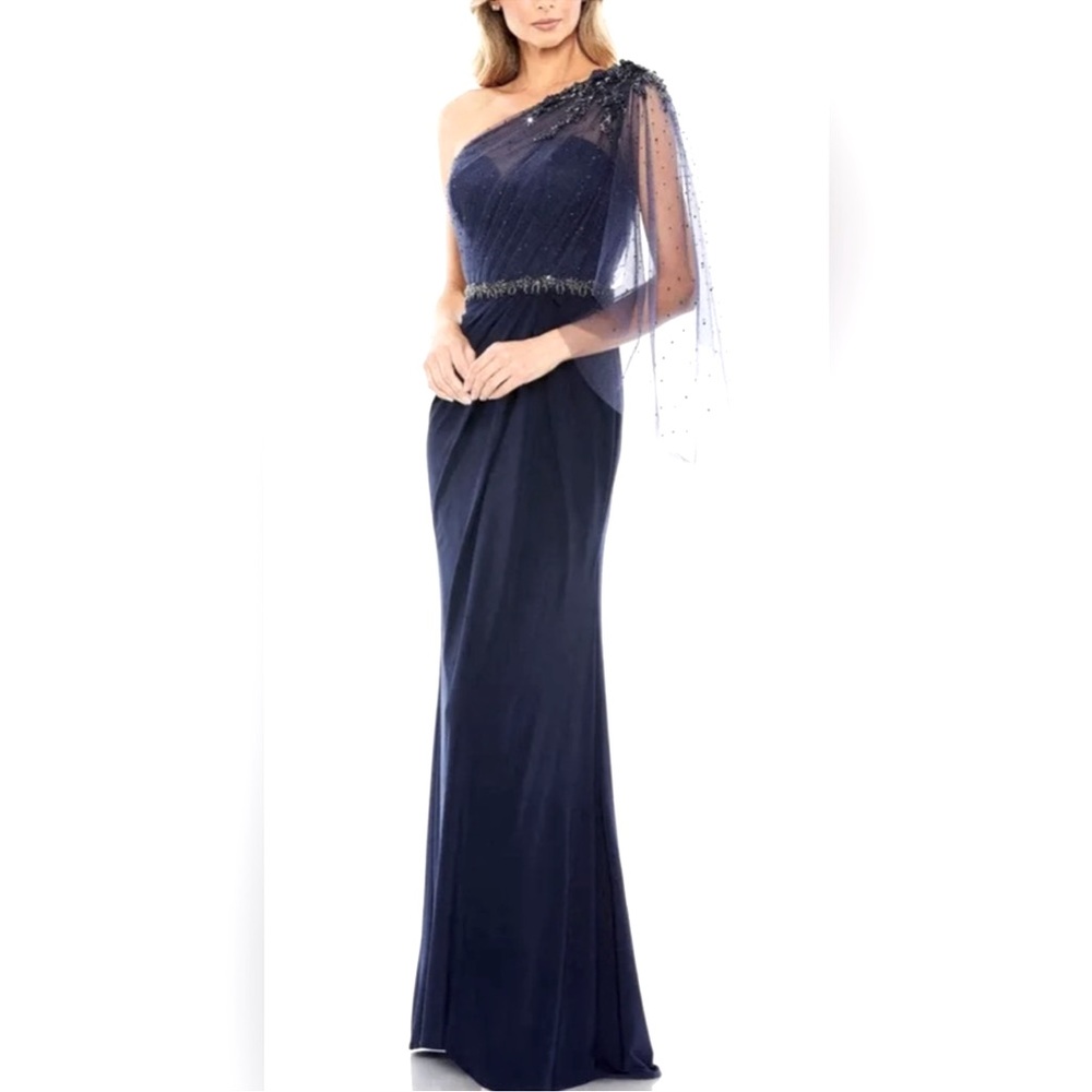 Mac Duggal  asymmetrical long gown very flattering 
Navy with silver embroidery
